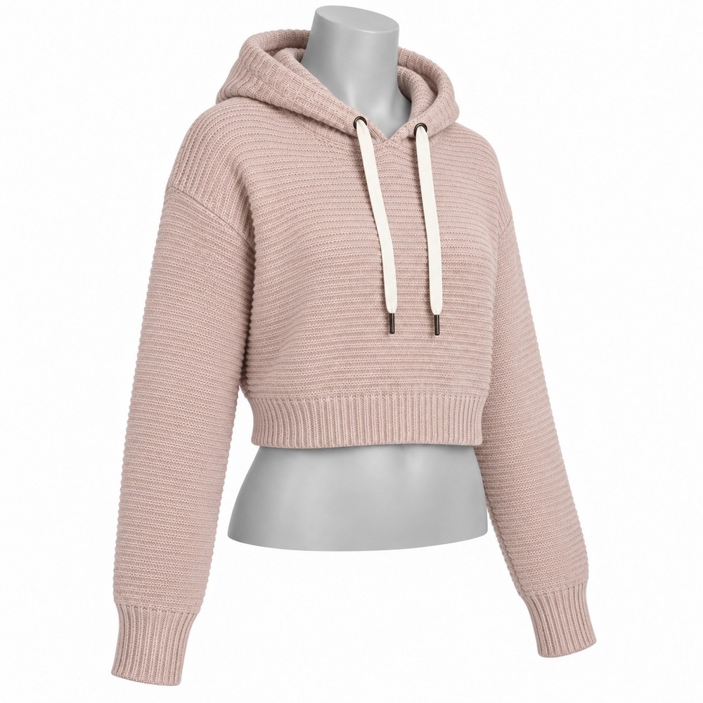 American Eagle Women L Pink Cropped Knit Hoodie Sweater Ribbed Long Sleeve
